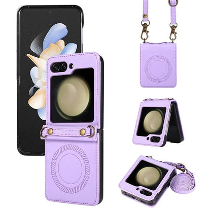 For Samsung Galaxy Z Flip5 5G Case Magnetic Phone Shell TPU+PU Leather Phone Cover with Strap