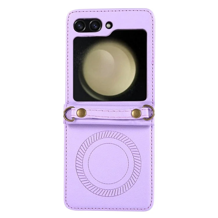 For Samsung Galaxy Z Flip5 5G Case Magnetic Phone Shell TPU+PU Leather Phone Cover with Strap