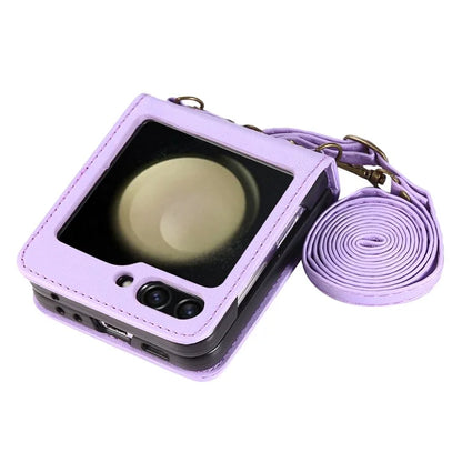 For Samsung Galaxy Z Flip5 5G Case Magnetic Phone Shell TPU+PU Leather Phone Cover with Strap