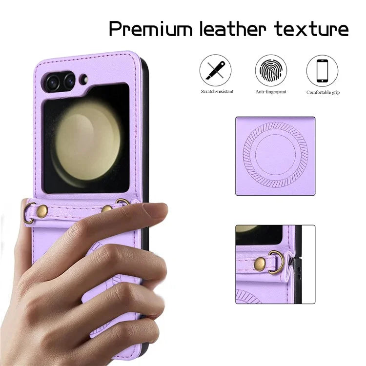For Samsung Galaxy Z Flip5 5G Case Magnetic Phone Shell TPU+PU Leather Phone Cover with Strap
