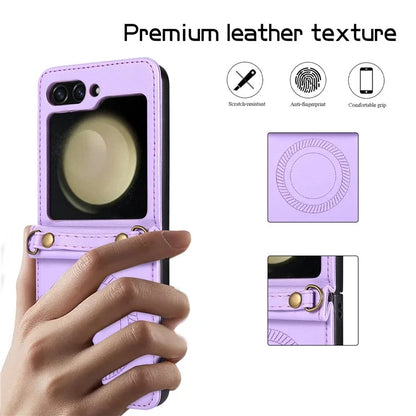 For Samsung Galaxy Z Flip5 5G Case Magnetic Phone Shell TPU+PU Leather Phone Cover with Strap