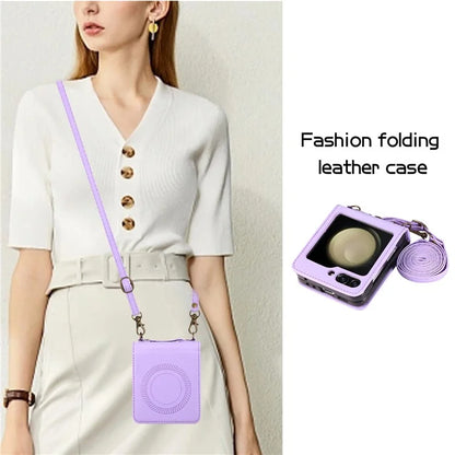 For Samsung Galaxy Z Flip5 5G Case Magnetic Phone Shell TPU+PU Leather Phone Cover with Strap