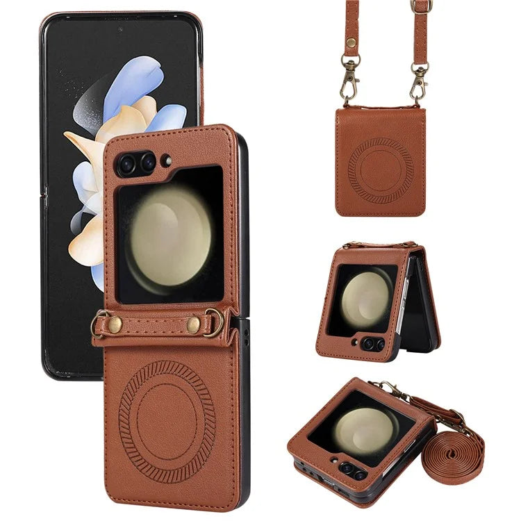 For Samsung Galaxy Z Flip5 5G Case Magnetic Phone Shell TPU+PU Leather Phone Cover with Strap