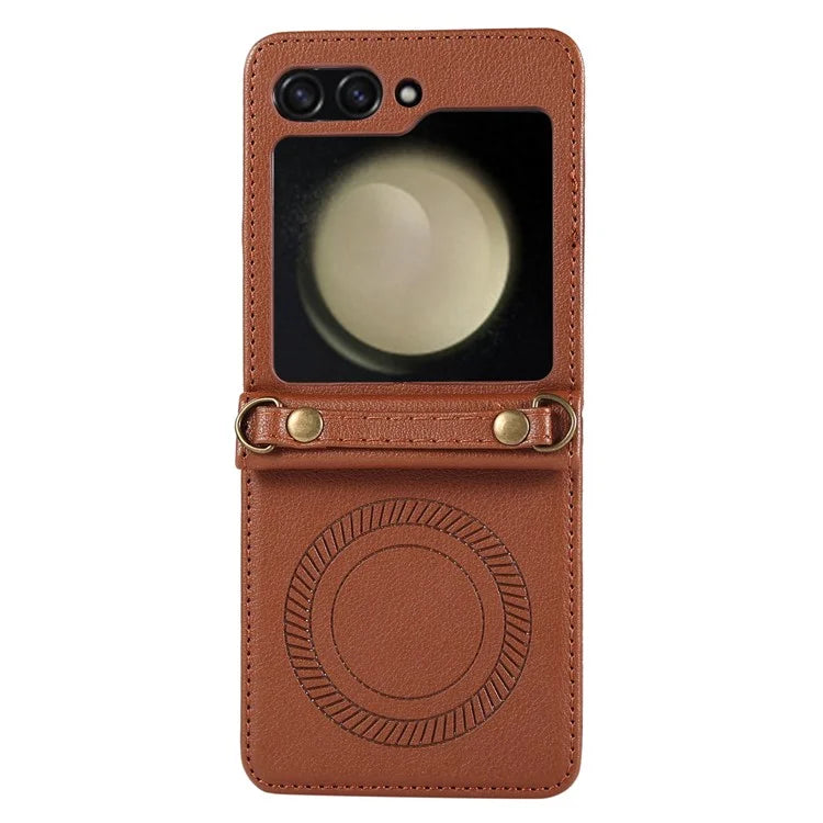 For Samsung Galaxy Z Flip5 5G Case Magnetic Phone Shell TPU+PU Leather Phone Cover with Strap