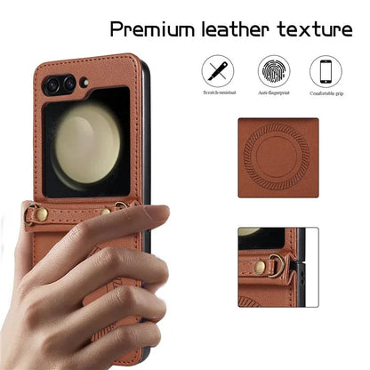 For Samsung Galaxy Z Flip5 5G Case Magnetic Phone Shell TPU+PU Leather Phone Cover with Strap