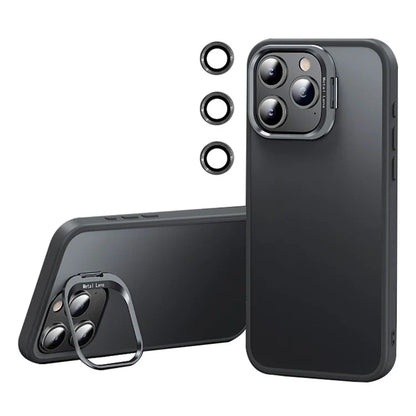 For iPhone 15 Pro Case TPU+PC Matte Phone Cover with Lens Frame Kickstand