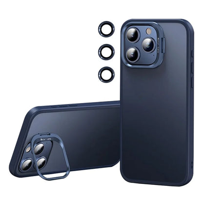 For iPhone 15 Pro Case TPU+PC Matte Phone Cover with Lens Frame Kickstand