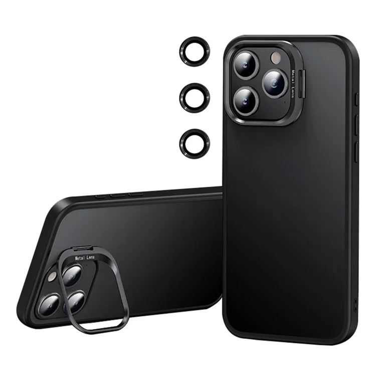 For iPhone 15 Pro Max Case TPU+PC Anti-drop Phone Cover with Lens Frame Kickstand