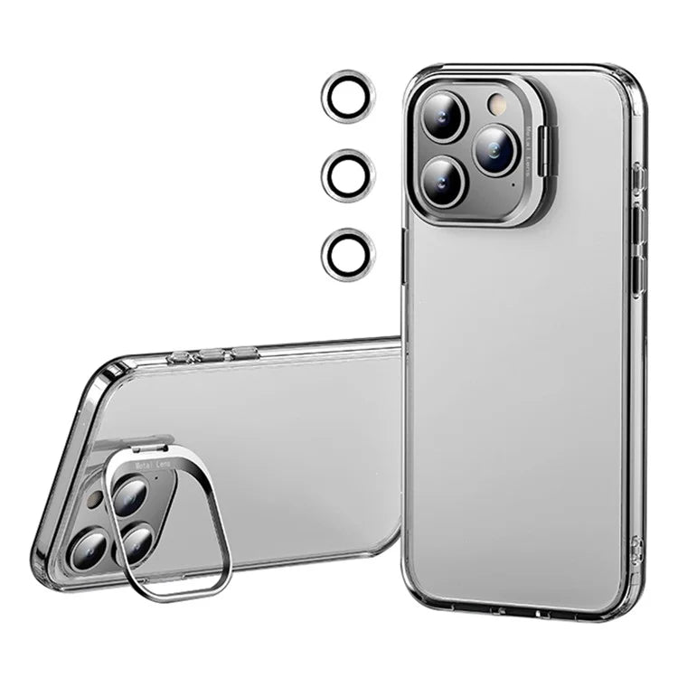 For iPhone 15 Pro Max Case TPU+PC Anti-drop Phone Cover with Lens Frame Kickstand