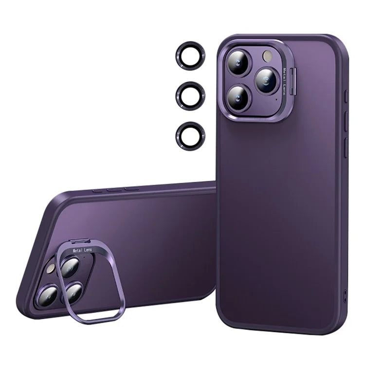 For iPhone 15 Pro Max Case TPU+PC Anti-drop Phone Cover with Lens Frame Kickstand