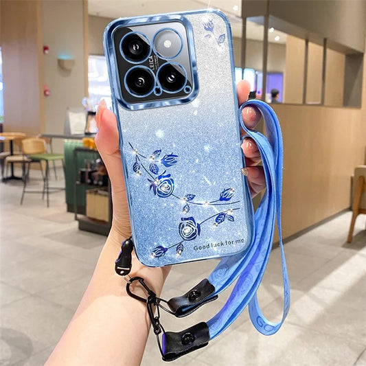KADEM For Xiaomi 14 Case Mobile Phone TPU Shell Flower Pattern Protective Cover with Strap