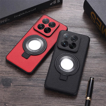 For Xiaomi 14 Pro Magnetic Case Magnifier Design Leather+TPU Kickstand Phone Cover