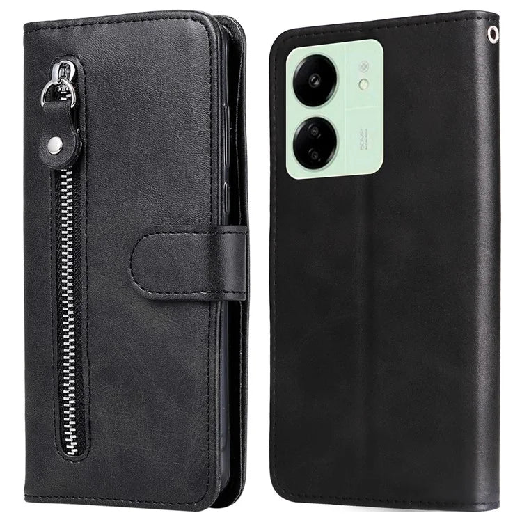 For Xiaomi Redmi 13C 4G / Poco C65 4G Case Calf Texture Leather Flip Cover Zipper Pocket Wallet Phone Case