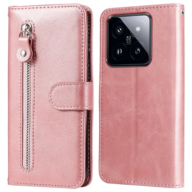 Calf Texture Leather Flip Cover for Xiaomi 14 Pro Case Zipper Pocket Anti-Drop Wallet Phone Case