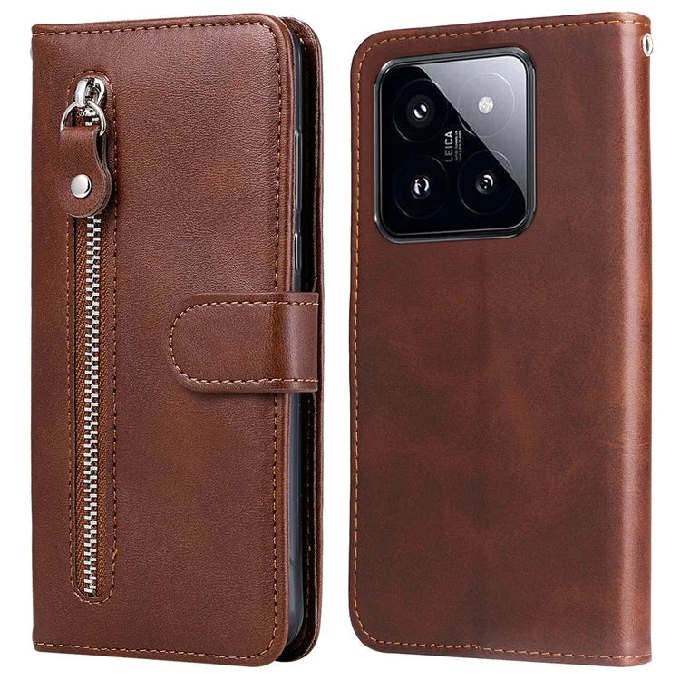 Calf Texture Leather Flip Cover for Xiaomi 14 Pro Case Zipper Pocket Anti-Drop Wallet Phone Case