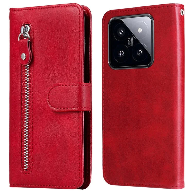 Calf Texture Leather Flip Cover for Xiaomi 14 Pro Case Zipper Pocket Anti-Drop Wallet Phone Case