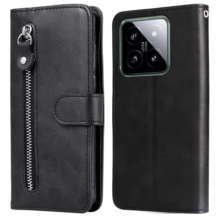 For Xiaomi 14 Wallet Phone Case Calf Texture Shockproof Leather Flip Cover with Zipper Pocket