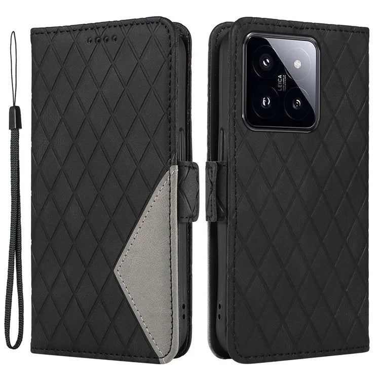 For Xiaomi 14 Pro Case Rhombus Imprinted Leather Flip Phone Protective Cover