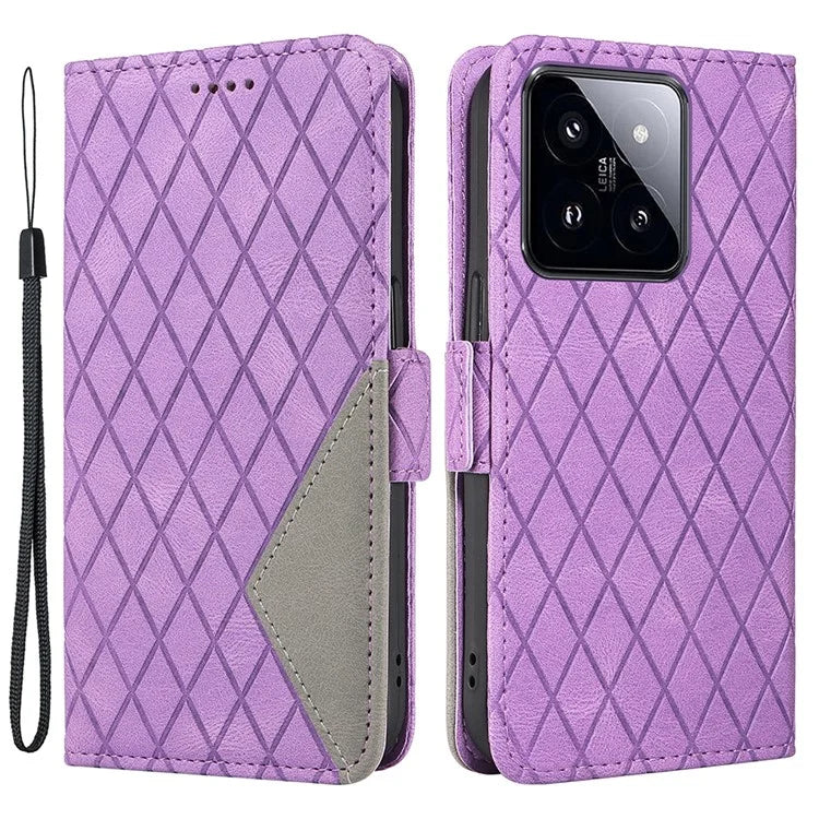 For Xiaomi 14 Pro Case Rhombus Imprinted Leather Flip Phone Protective Cover