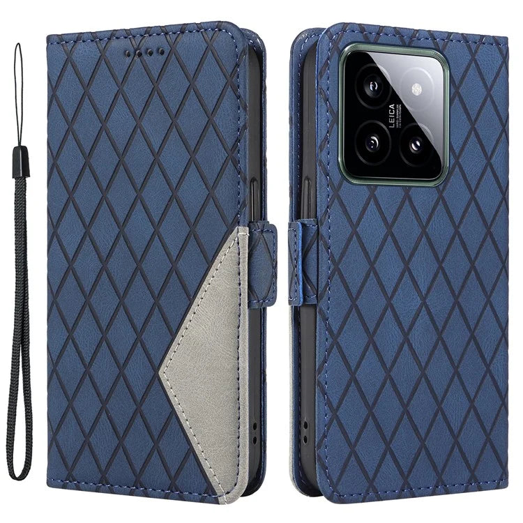For Xiaomi 14 Case Rhombus Imprinted Leather Wallet Phone Stand Cover