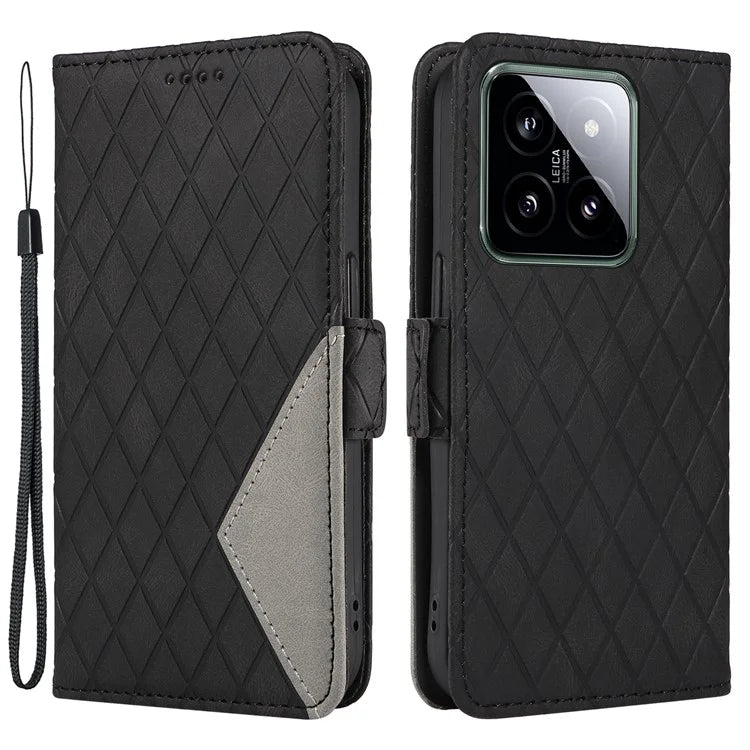 For Xiaomi 14 Case Rhombus Imprinted Leather Wallet Phone Stand Cover