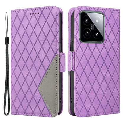 For Xiaomi 14 Case Rhombus Imprinted Leather Wallet Phone Stand Cover