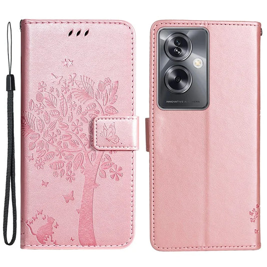 KT Imprinting Flower Series-3 Phone Cover for Oppo A79 5G / A2 5G Imprinted Cat Tree Wallet Case Gold