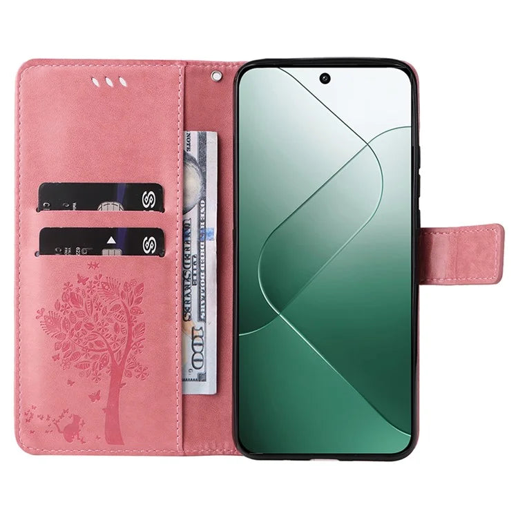 KT Imprinting Flower Series-3 for Xiaomi 14 Wallet Phone Cover Imprinted Cat Tree Phone Case