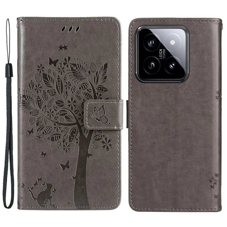 KT Imprinting Flower Series-3 for Xiaomi 14 Wallet Phone Cover Imprinted Cat Tree Phone Case