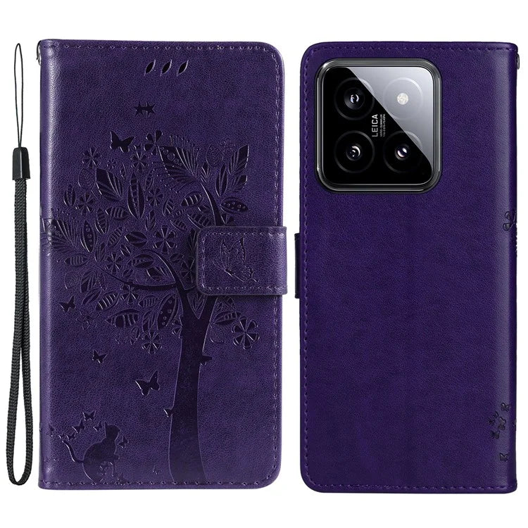 KT Imprinting Flower Series-3 for Xiaomi 14 Wallet Phone Cover Imprinted Cat Tree Phone Case