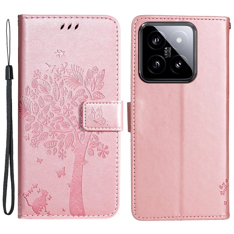 KT Imprinting Flower Series-3 for Xiaomi 14 Wallet Phone Cover Imprinted Cat Tree Phone Case Gold