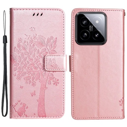 KT Imprinting Flower Series-3 for Xiaomi 14 Wallet Phone Cover Imprinted Cat Tree Phone Case Gold