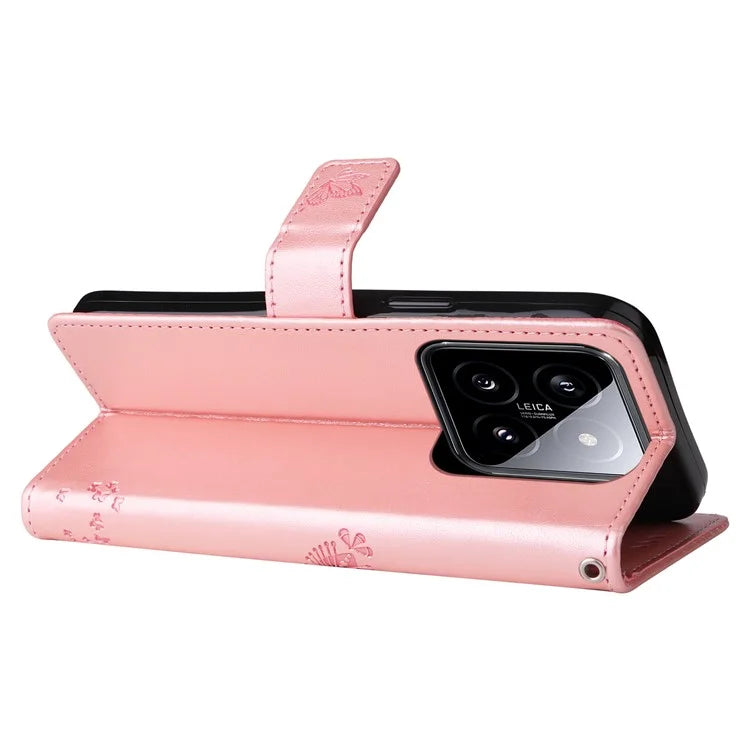 KT Imprinting Flower Series-3 for Xiaomi 14 Wallet Phone Cover Imprinted Cat Tree Phone Case Gold