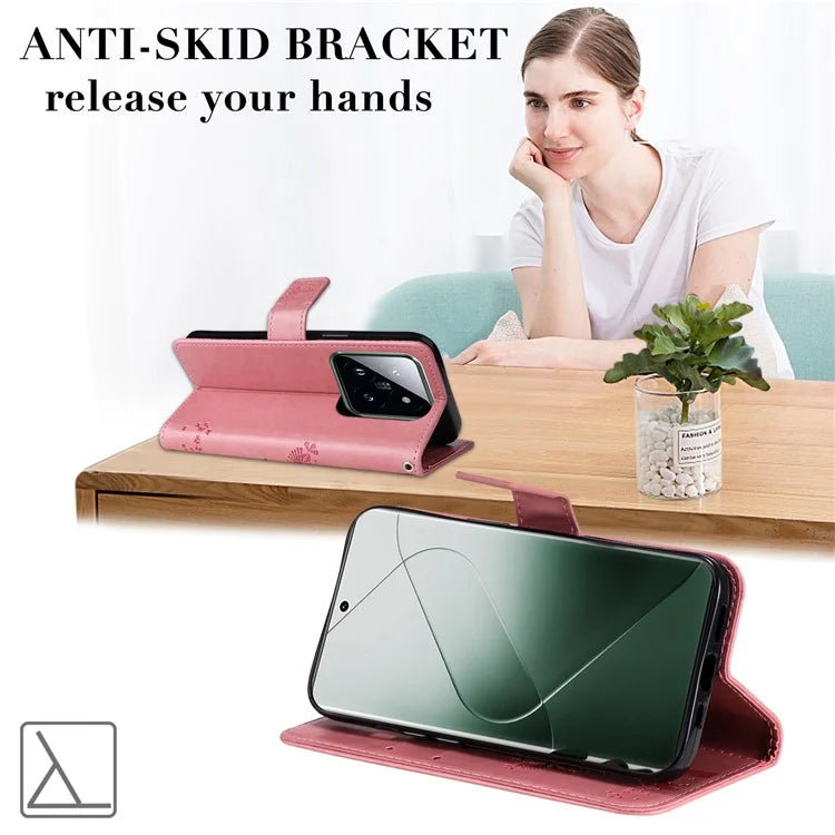 KT Imprinting Flower Series-3 Phone Shell for Xiaomi 14 Pro Case Stand Wallet Cell Phone Cover