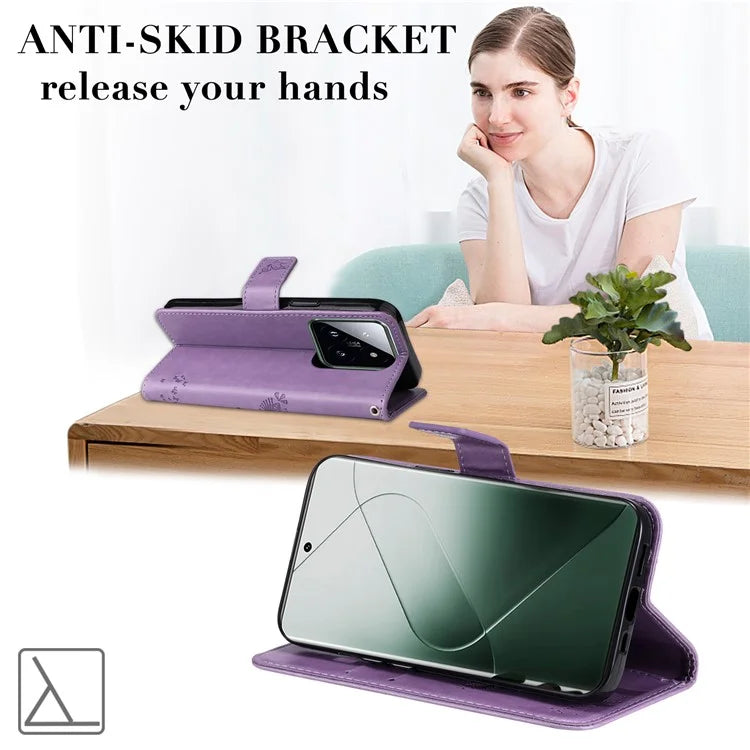 KT Imprinting Flower Series-3 Phone Shell for Xiaomi 14 Pro Case Stand Wallet Cell Phone Cover
