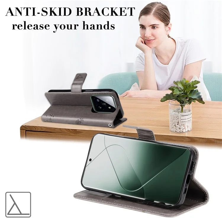 KT Imprinting Flower Series-3 Phone Shell for Xiaomi 14 Pro Case Stand Wallet Cell Phone Cover