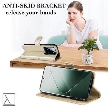 KT Imprinting Flower Series-3 Phone Shell for Xiaomi 14 Pro Case Stand Wallet Cell Phone Cover