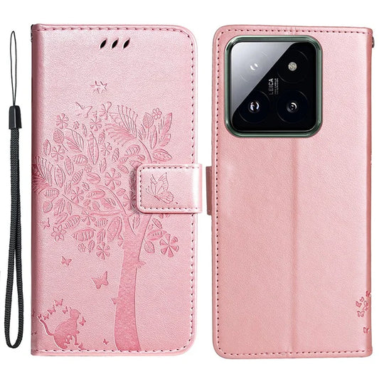 KT Imprinting Flower Series-3 Phone Shell for Xiaomi 14 Pro Case Stand Wallet Cell Phone Cover Gold