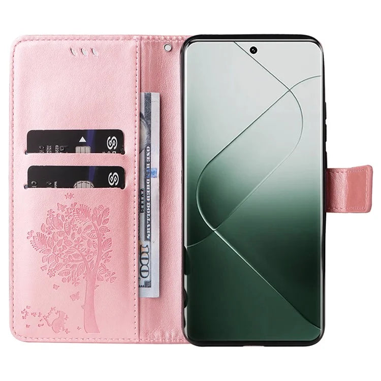 KT Imprinting Flower Series-3 Phone Shell for Xiaomi 14 Pro Case Stand Wallet Cell Phone Cover Gold