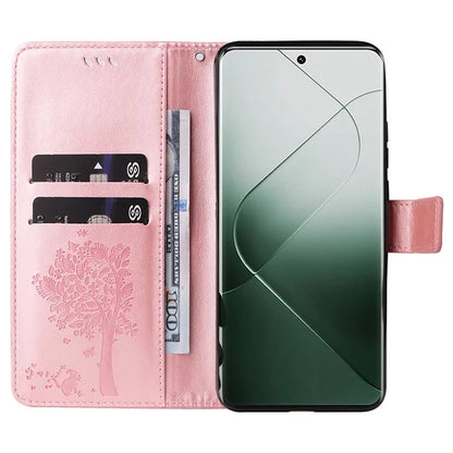 KT Imprinting Flower Series-3 Phone Shell for Xiaomi 14 Pro Case Stand Wallet Cell Phone Cover Gold