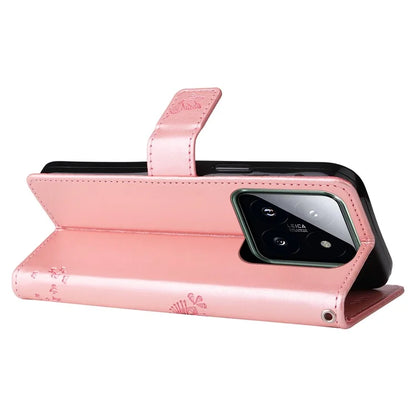 KT Imprinting Flower Series-3 Phone Shell for Xiaomi 14 Pro Case Stand Wallet Cell Phone Cover Gold