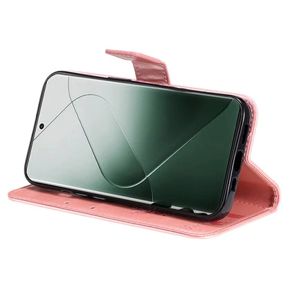 KT Imprinting Flower Series-3 Phone Shell for Xiaomi 14 Pro Case Stand Wallet Cell Phone Cover Gold