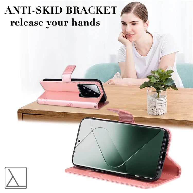 KT Imprinting Flower Series-3 Phone Shell for Xiaomi 14 Pro Case Stand Wallet Cell Phone Cover Gold
