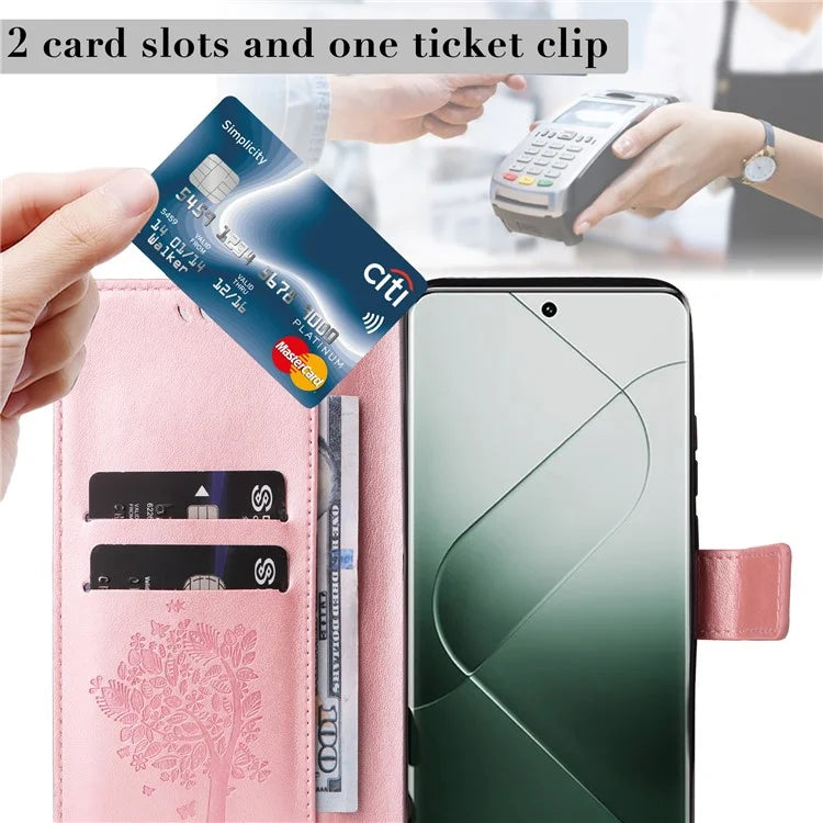 KT Imprinting Flower Series-3 Phone Shell for Xiaomi 14 Pro Case Stand Wallet Cell Phone Cover Gold
