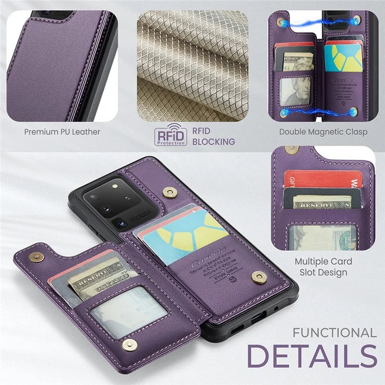 CASEME C22 Series for Samsung Galaxy S20 Ultra Case Leather+TPU Phone Cover with 5 Card Slots