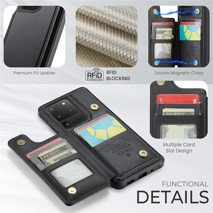 CASEME C22 Series for Samsung Galaxy S20 Ultra Case Leather+TPU Phone Cover with 5 Card Slots