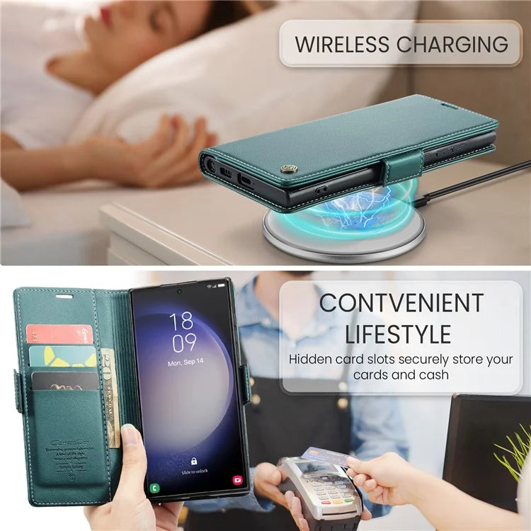CASEME 023 Series For Samsung Galaxy S24 Ultra Case Glossy Litchi Texture Stand Phone Cover