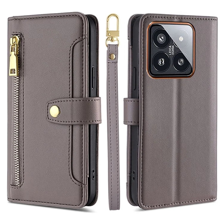For Xiaomi 14 Pro Leather Case Card Holder Stand Phone Cover with 2 Straps