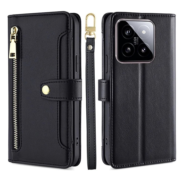 For Xiaomi 14 Case Card Slots Zipper Wallet Leather Cover with 2 Straps