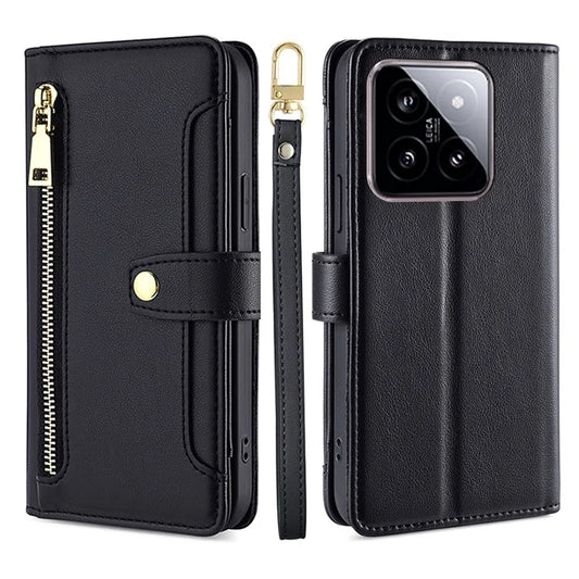 For Xiaomi 14 Case Card Slots Zipper Wallet Leather Cover with 2 Straps
